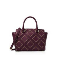 【直营】迈克·科尔斯(MICHAEL KORS) 女式Diamond Grommet中号牛皮铆钉领纹格斜挂单肩手提包 枣红色金色五金