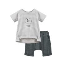 婴姿坊男童夏季圆领短袖字母细小条纹短袖五分裤两件套1-5岁 73-120码 深灰 90cm
