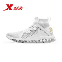 特步(Xtep)男鞋运动鞋男2018秋季新款全掌气垫橡胶耐磨橡胶减震高帮袜套时尚男士跑步鞋982319119059 白灰 44