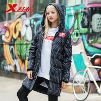 特步(Xtep)女装羽绒服正品2018冬新款中长款加厚款女士保暖连帽外套运动羽绒服882428199940 黑色 S（成人）