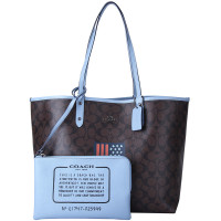 COACH 蔻驰 女包女士深咖蓝色边PVC手提单肩双面托特包 F25949 QBDH7 深咖蓝色边