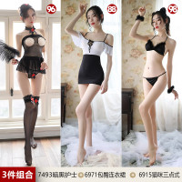 霏慕性感女士情趣内衣制服套装免脱开档薄全透明连体丝袜网袜长筒连裤袜蕾丝花边吊带女式情趣睡衣服睡裙丁字内裤渔网破洞成人用品 【三件装】96+88+98