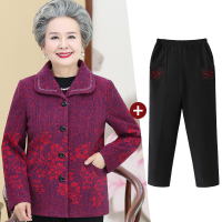 迪鲁奥（DILUAO)中老年人秋装女上衣妈妈秋冬外套农村奶奶装加绒衣服60岁70老人穿_694 梅花红色常规款(上衣+裤子) 5XL