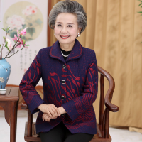 迪鲁奥（DILUAO)老太太外套女60-70岁80秋季奶奶装秋冬装加厚翻领上衣老人衣服装_528 条纹花红色单件上衣 3XL建议125-135斤