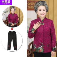 迪鲁奥（DILUAO)奶奶装秋装外套60-70岁老太太中老年妈妈春秋老人衣服女秋冬宽松8_866 口袋玫瑰花玫红色上衣+裤子 XXL(105-120斤)