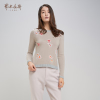 鄂尔多斯ERDOS [提花]100%山羊绒圆领女式羊绒衫针织衫毛衣 驼灰 XL/100