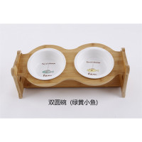 猫碗宠物用品碗陶瓷双碗食盆防打翻木架护颈吃饭喝水斜口碗猫咪碗_1 高度调节大小通用 双圆碗+木架+绿黄小鱼