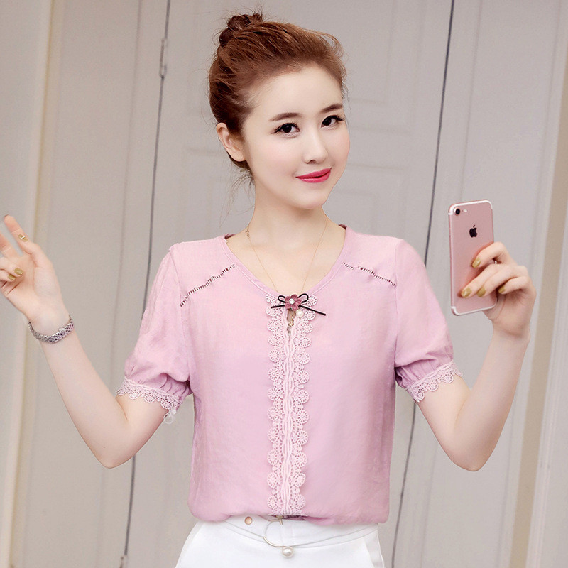 蔚缇2017夏季新款女装韩范清新女士宽松上衣短袖花边雪纺衫