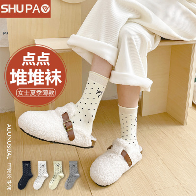 舒跑袜子女款春夏季堆堆袜点点袜中筒蝴蝶结可爱女袜网眼透气舒适亲肤堆堆袜ins日系风