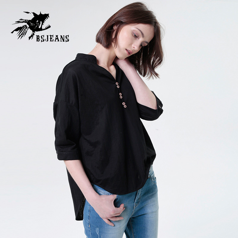 小魔鱼宽松衬衣女夏纯色立领上衣开口中长款女装薄款五分袖女衬衫