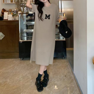 夏季新款大码女装胖mm宽松遮肚打底衫女显瘦长款过膝T恤连衣裙子