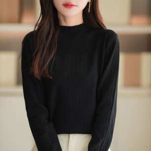 半高领抽条打底衫女24秋新款勾花拼接毛衣显瘦内搭针织衫