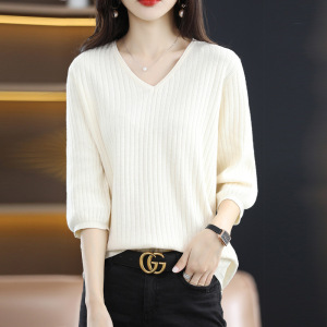 夏季新款棉线针织短袖T恤女V领抽条七分袖时尚百搭打底衫上衣