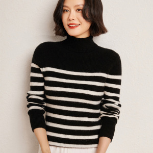 秋冬新款条纹高领羊绒针织衫女修身抽条套头毛衣修身显瘦内搭上衣