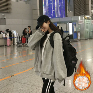 加绒卫衣连帽女秋冬季新款拉链开衫外套韩版宽松上衣