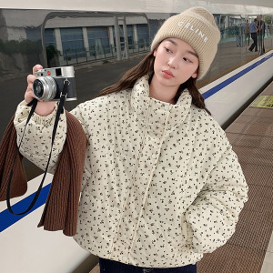 灯芯绒碎花短款棉服女新款立领面包服韩系时尚百搭厚棉袄外套