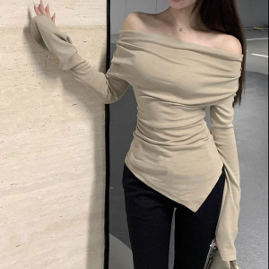 灰色一字肩长袖T恤女春秋新款不规则修身显瘦内搭纯色打底上衣潮