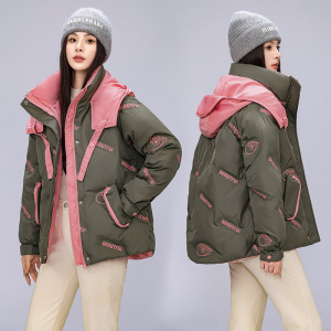 连帽短款羽绒棉服女新款冬印花棉衣面包服小个子洋气棉袄