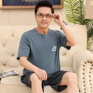 男士睡衣夏季纯棉短袖短裤家居服中老年爸爸休闲可外穿加大码套装
