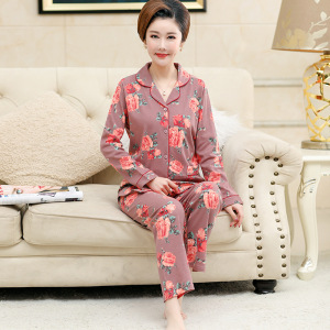秋冬季新款中老年妈妈睡衣女开衫翻领棉质长袖宽松大码家居服套装