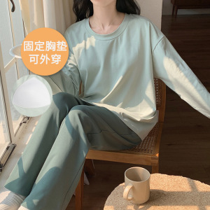 秋冬季新款睡衣女带胸垫长袖卡通可爱家居服套装免穿内衣居家休闲
