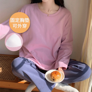秋冬季新款睡衣女带胸垫长袖卡通可爱家居服套装免穿内衣居家休闲