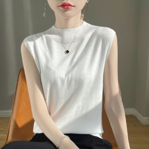女士一线成衣精纺羊毛半高圆领无袖背心春夏新款显瘦气质内搭上衣_1