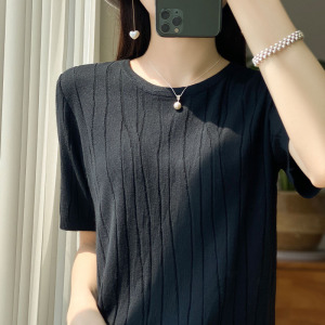 女装圆领冰丝针织短袖T恤舒适女宽松夏季薄款纯色曲珠打底上衣潮