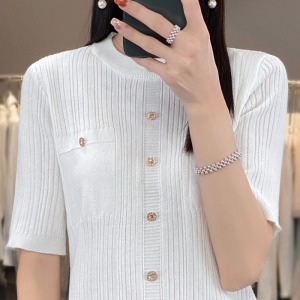 短袖T恤女 夏季新款女装冰丝半袖薄针织衫法式时尚针织衫外搭