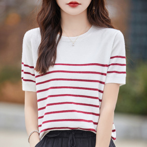 夏季新款条纹短袖女T恤圆领套头针织打底衫宽松薄款上衣简约
