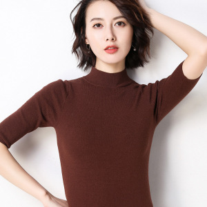 白色T恤女春装新款韩版半袖纯色修身中袖上衣内搭5分袖针织衫