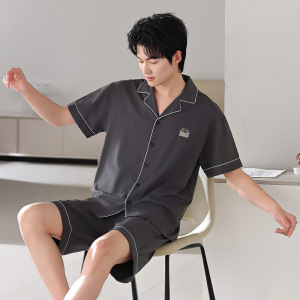 睡衣男士夏季纯棉薄款青少年大码短袖短裤开衫全棉家居服两件套装