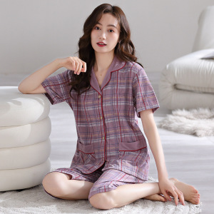 高档短袖睡衣女士夏季棉质新款七分裤家居服套装可外穿开衫两件套
