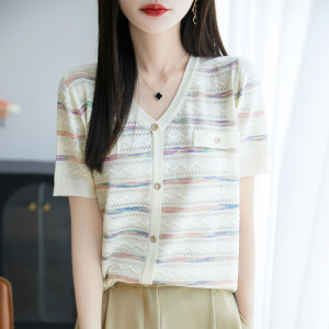 法式小香风条纹冰丝针织短袖T恤女新款夏季薄款独特别致针织上衣
