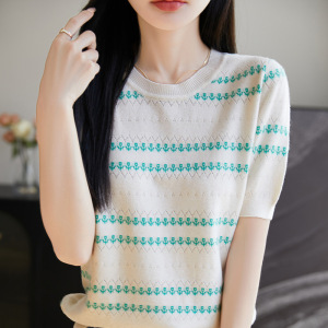夏季新款提花挑孔条纹针织衫女薄款圆领短袖上衣T恤女