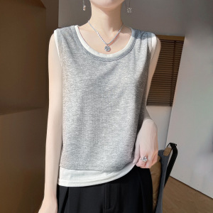 精纺圆领针织吊带背心2025年春夏新款拼色无袖套头打底衫假两件女