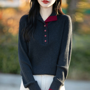 精纺羊毛立领拼色假两件针织衫女士坑条显瘦毛衣洋气减龄