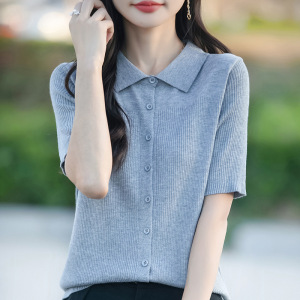 翻领抽条针织开衫短袖女夏季新款精仿羊毛Polo领T恤衫上衣短袖女