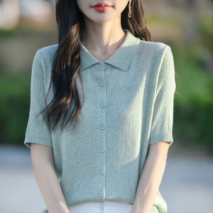翻领抽条针织开衫短袖女夏季新款精仿羊毛Polo领T恤衫上衣短袖女