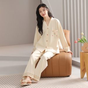 7A抑菌全棉睡衣女A类纯棉春秋长袖新款中式休闲可外穿家居服套装