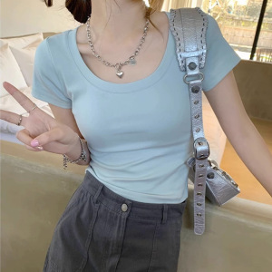 人棉260克纯色短袖T恤女夏季低圆领修身正肩显瘦锁骨上衣新款INS