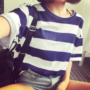 夏季新款韩版学生条纹短袖T恤女士宽松衣服上衣女装
