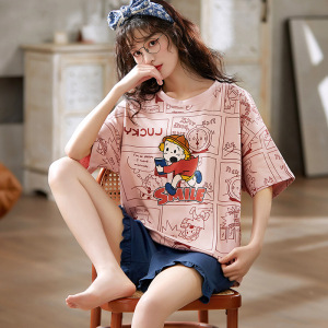 女士夏季新款短袖睡衣薄款青少年卡通休闲可爱风家居服套装可外穿