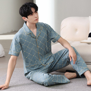 男士睡衣春夏季薄款棉质开衫短袖长裤青少年休闲家居服加大码套装