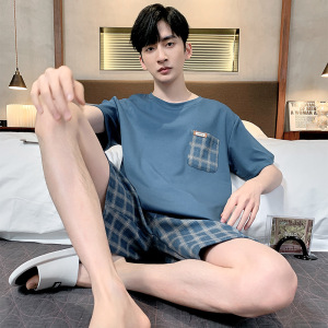 男士睡衣男款夏季棉质短袖套头圆领加肥加大码家居服夏天薄款套装