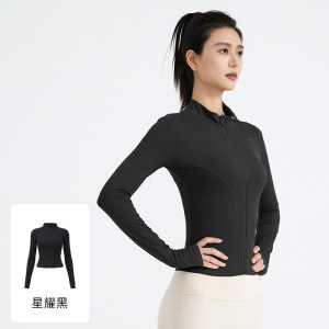 新款条纹修身运动外套薄款糯弹罗纹长袖瑜伽服外套女