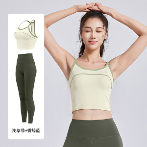 撞色线感运动套装一体杯美背防震运动瑜伽套装女