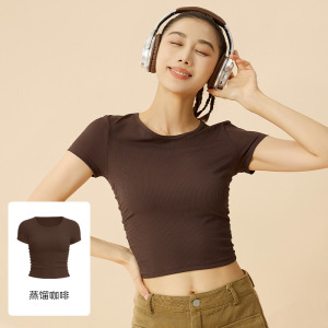 条纹运动短袖T恤女新款透气健身短袖夏季显瘦瑜伽服上衣