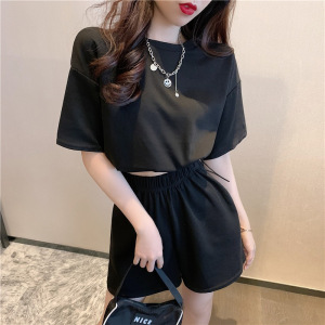 休闲时尚套装夏季短款抽绳上衣短袖T恤女高腰阔腿短裤两件套新款