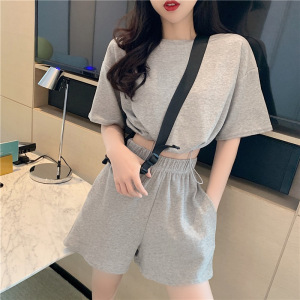 休闲时尚套装夏季短款抽绳上衣短袖T恤女高腰阔腿短裤两件套新款